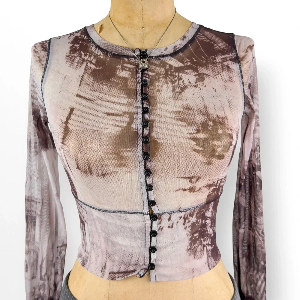 Y2K Mesh Sheer Top Button Up Cropped Slim Fit Grunge Cyber Goth Size XS